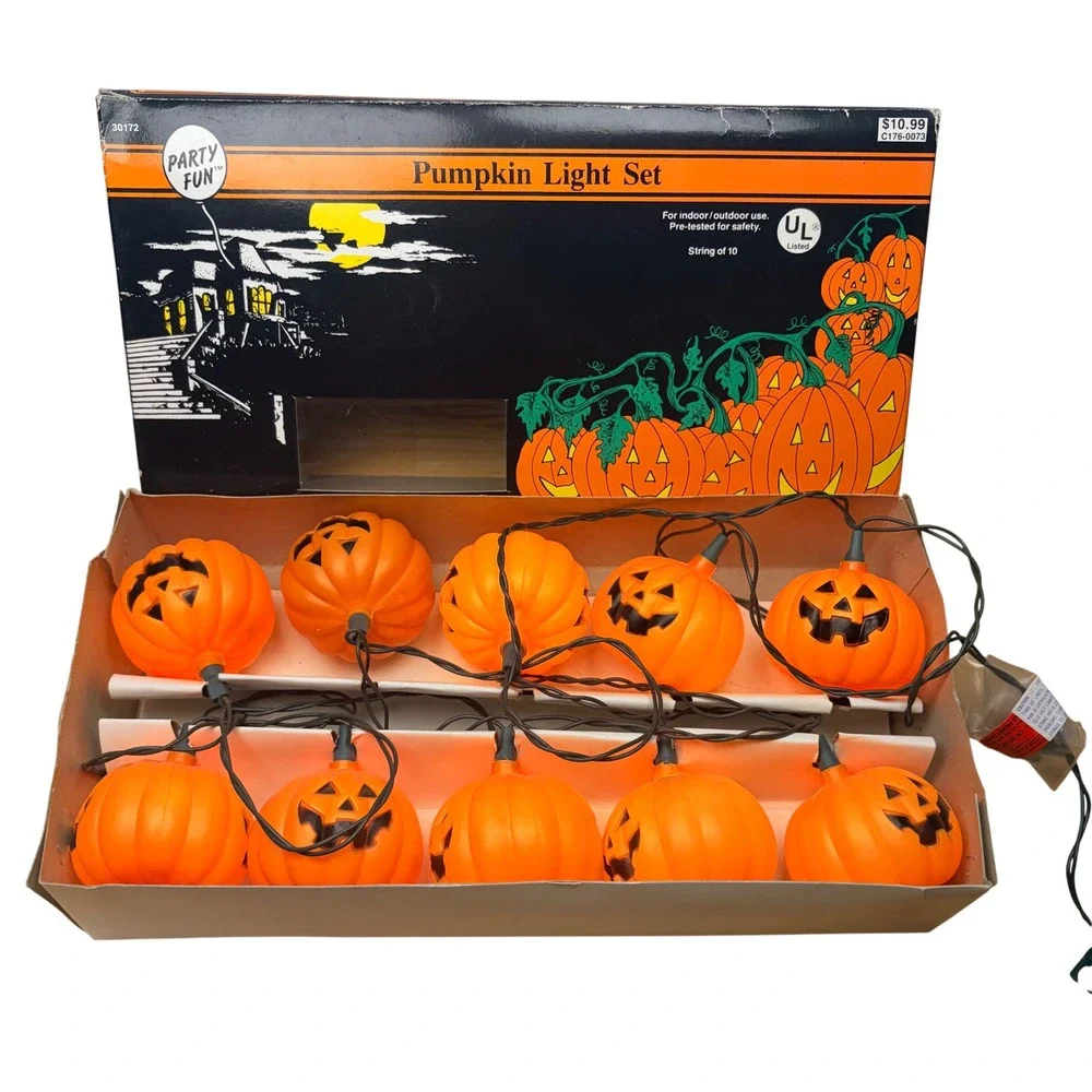Vintage 1991 Party Fun Pumpkin Light Set Halloween String 10 Retro Blow Mold